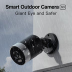 Smart outdoor camera with raindrops on a metallic surface