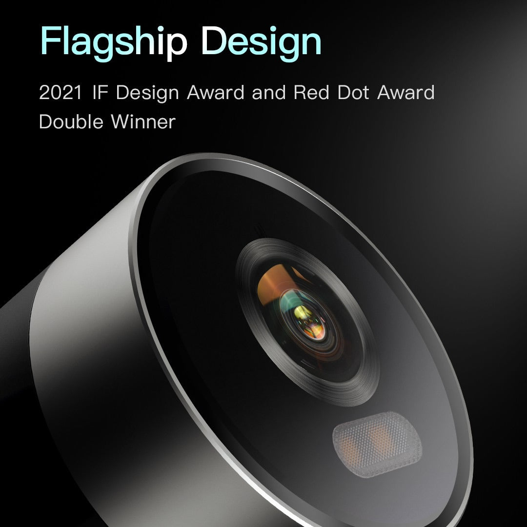 Camera lens with 'Flagship Design' text and awards on a dark background