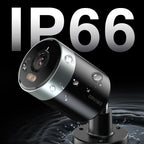 Outdoor security camera with IP66 rating on a black background