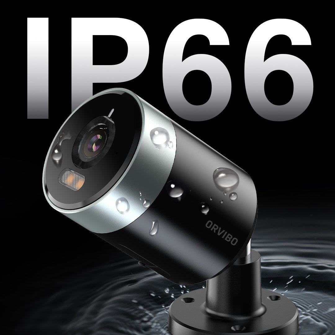 Outdoor security camera with IP66 rating on a black background
