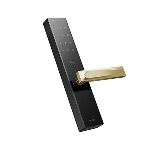 Digital door lock with black body and gold handle on a white background