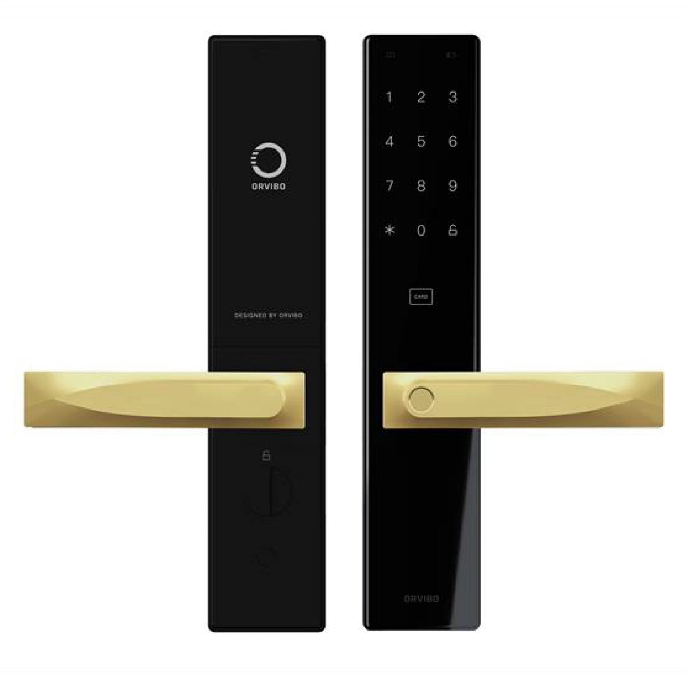 Black digital door lock with gold handles on a white background