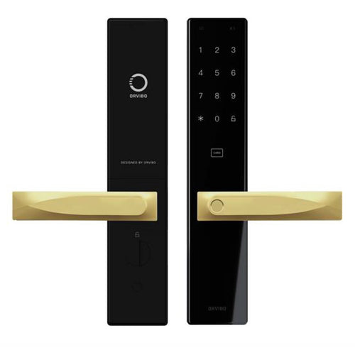 Black digital door lock with gold handles on a white background